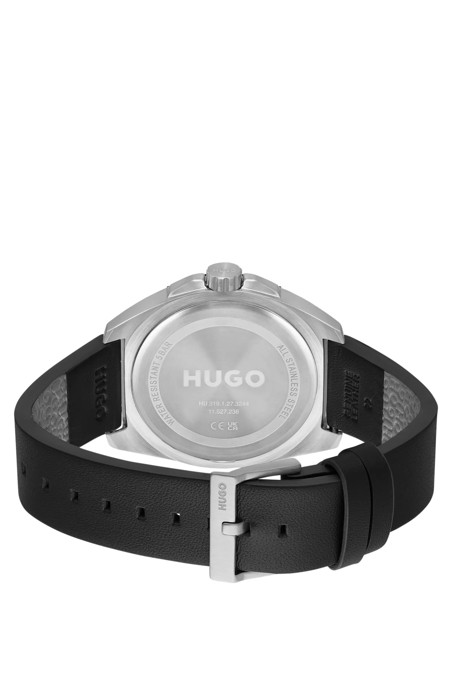 Relógio HUGO em tons de vermelho e prata com pulseira de couro preta.