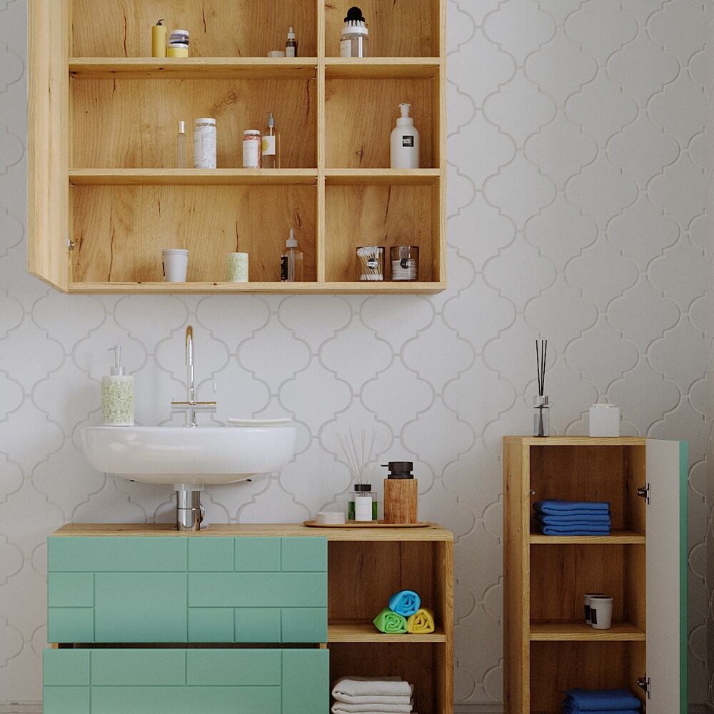 Vicco Badmöbel-Set Rudi in Eiche Evoke Mintgrün, Badezimmer, moderne Badserie Waschbeckenunterschrank Spiegelschrank Midischrank