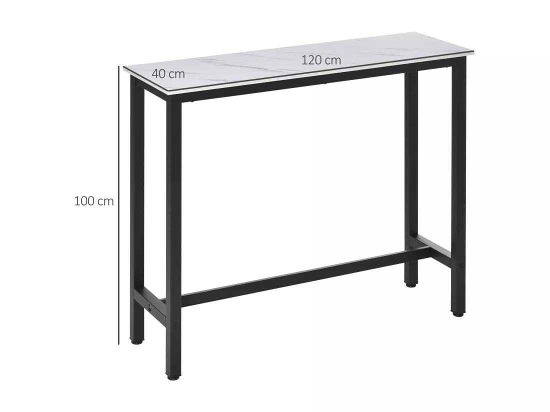 Table de bar - table haute de cuisine - dim. 120L x 40l x 100H cm - châssis piètement acier noir, plateau aspect marbre blanc