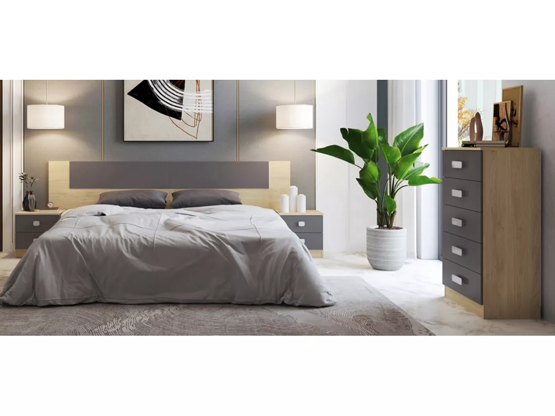 Ensemble chambre à coucher, tête de lit + table de chevet + armoire + chiffonnier coloris puccini, graphite