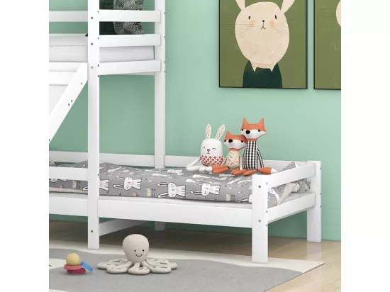 Lit superposé avec toboggan - 90x200cm + 90x100cm - en bois massif - Blanc