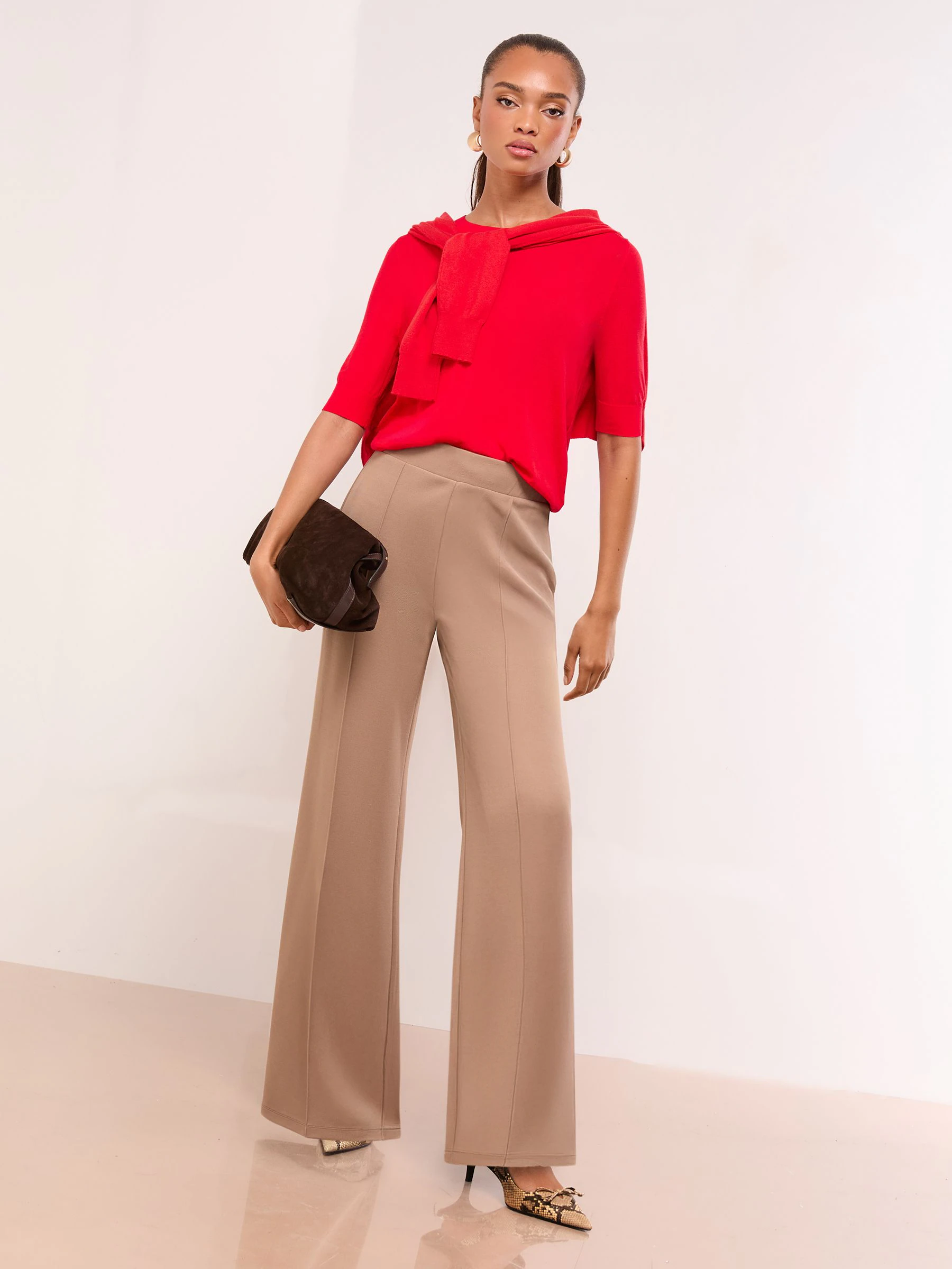 Camel - Lipsy - Broek met wijde pijpen en hoge taille