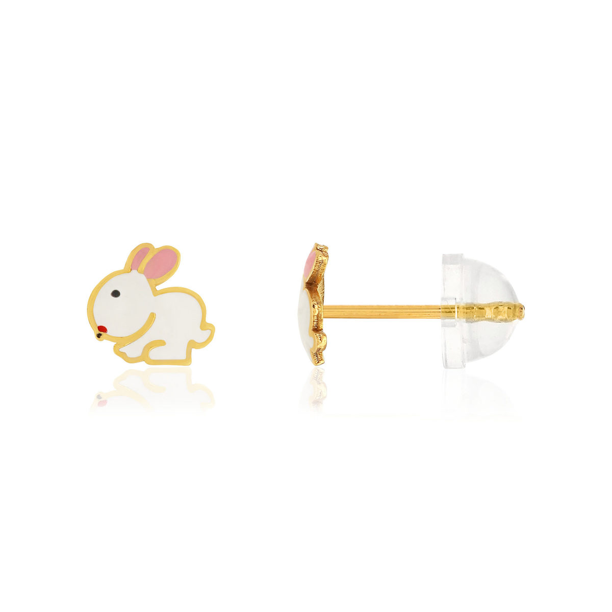 Boucles d'oreilles or jaune 375, laque. Motif lapin.