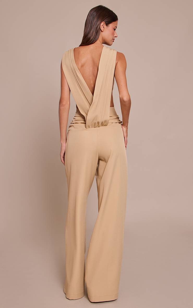 Beige Combinaison Pantalon Large En Tissu Tissé Col Rond Avec Détails Froncés
