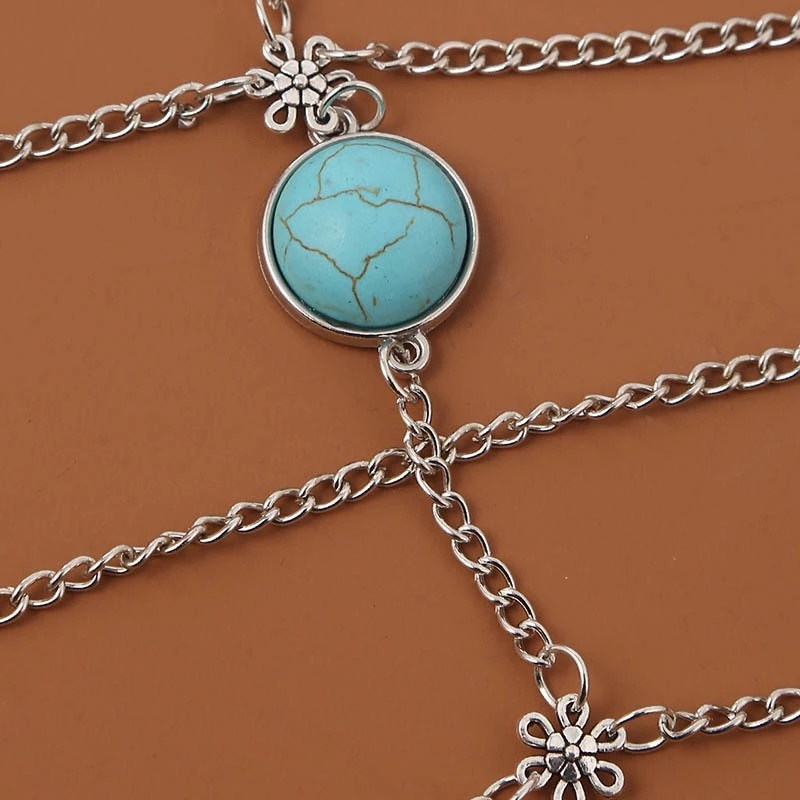 (Ø18-45cm) Elastische Bein Kette Boho Körper Schmuck Oberschenkel Festival Accessoire Blauer Stein - Silber / Schwarz