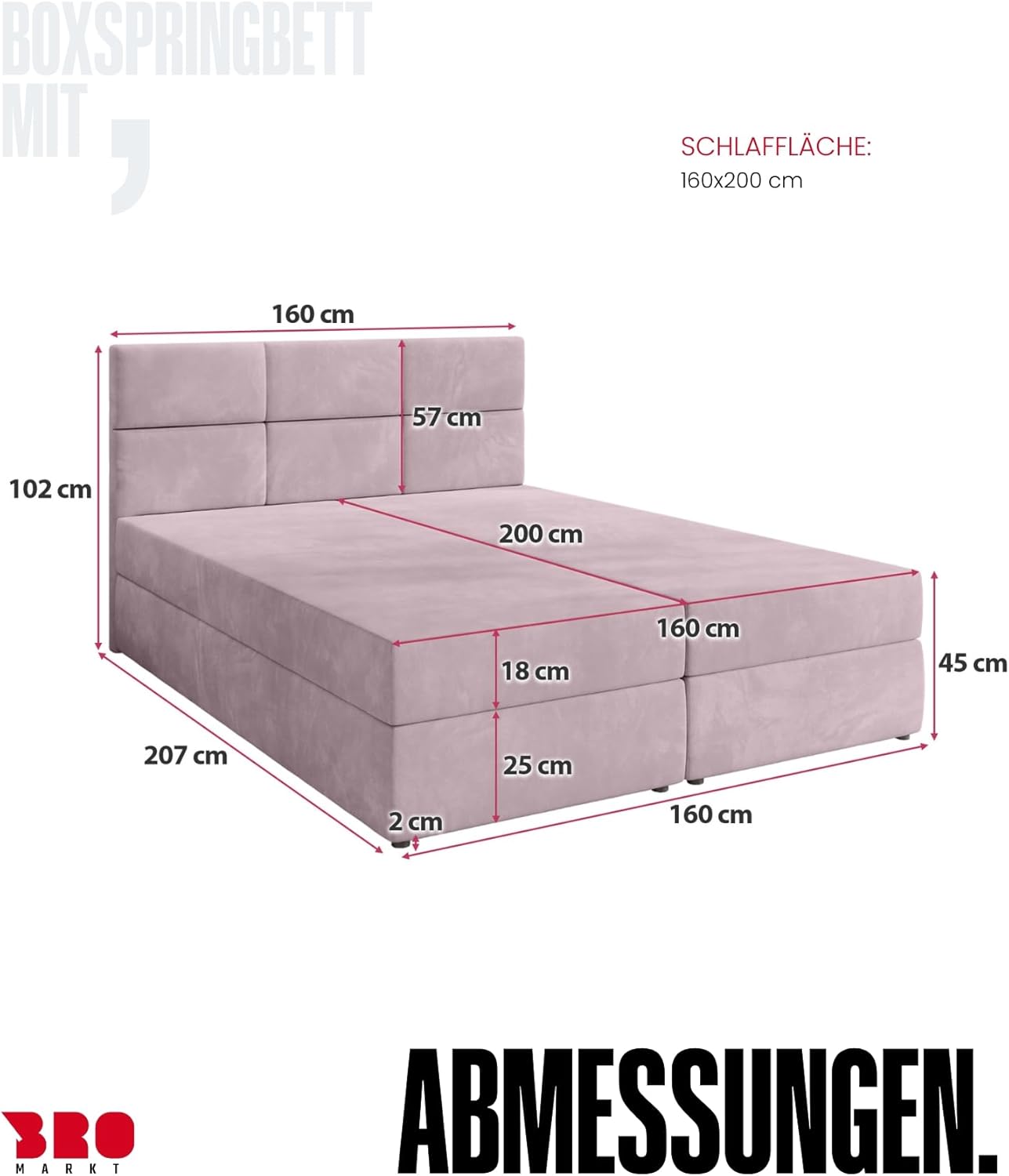 BROMARKT Boxspringbett mit Bettkasten Polsterbett mit Bonell-Matratze und Topper Doppelbett mit Stauraum Bett für Schlafzimmer gepolstertes Kopfteil Boston 160x200 Härtegrad H3 Samtstoff Puderrosa