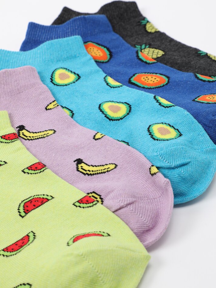 Pacote com 5 pares de meias curtas estampadas - Cores variadas