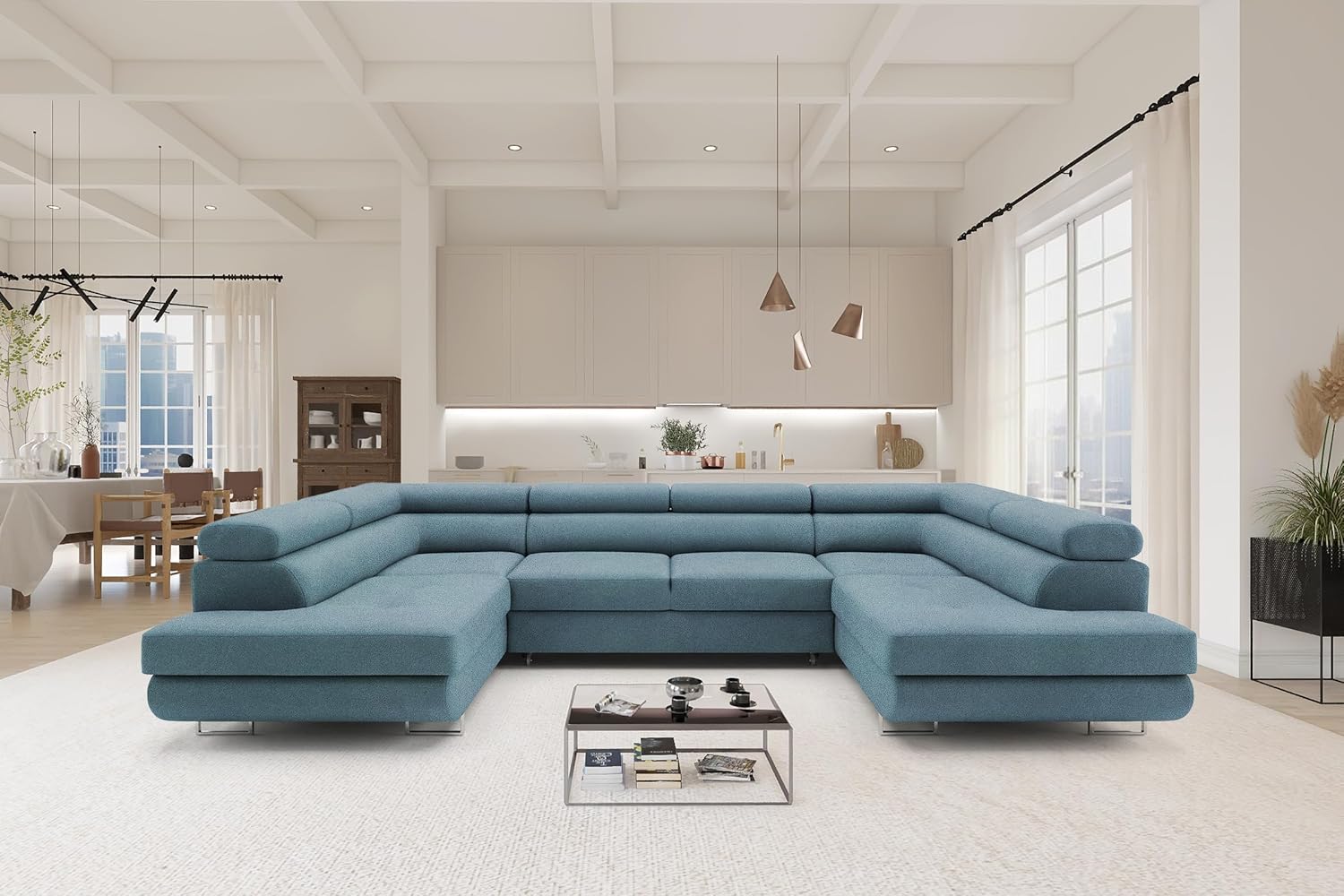 Ecksofa mit Schlaffunktion Big PASTI U-Form, Sofa Couch mit Bettkasten, 3-Sitzer Eckcouch, Schlafsofa für Wohnzimmer, Big Sofa Couch mit Schlaffunktion (Pet Friendly Edition Petrolblau)