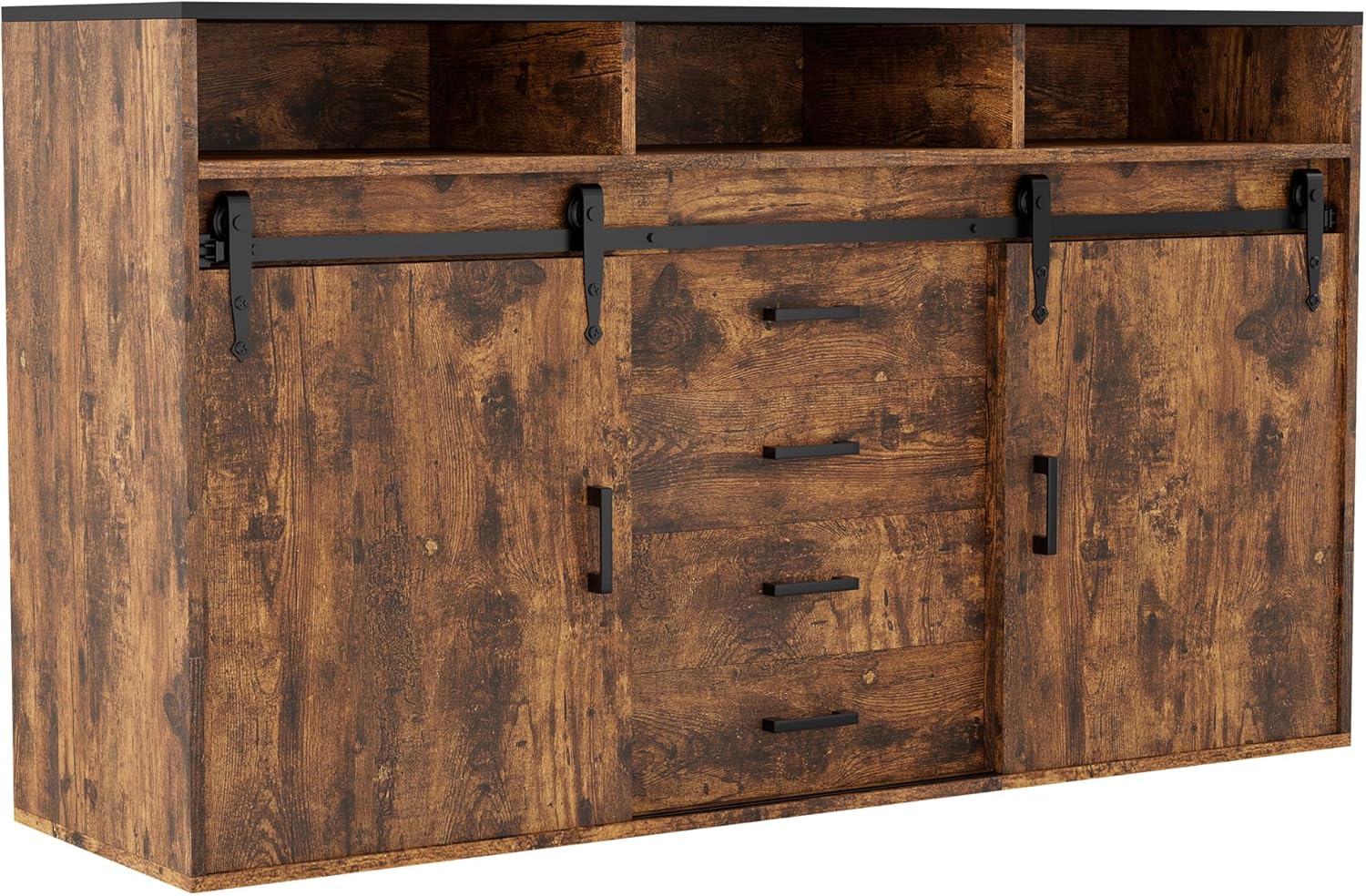 Sideboard HG1-L, Vintage Braun oder Weiß, 140x80x40cm, 2 Schiebetüren, 4 Schubladen, 3 Fächer, für Esszimmer, Schlafzimmer, Home-Office (Vintage Braun, 140 x 80 x 40)