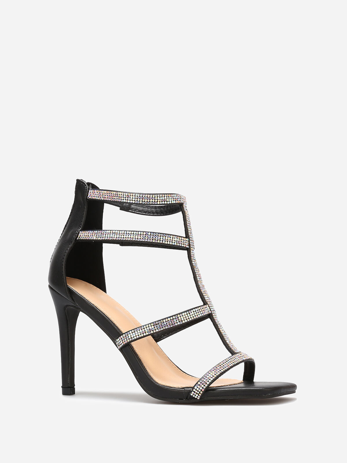 Sandales avec brides à strass et zip- Noir