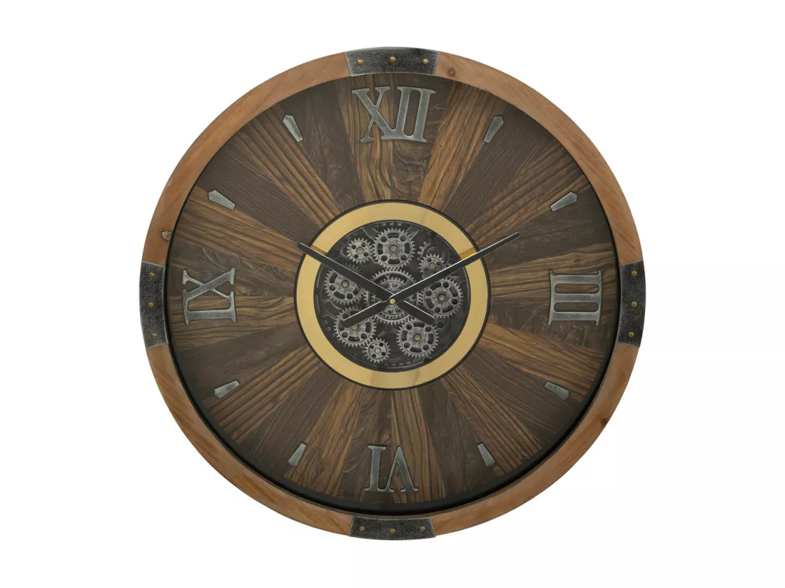 Grande Pendule murale Marron style industriel avec rouages mobiles D 63.5 cm