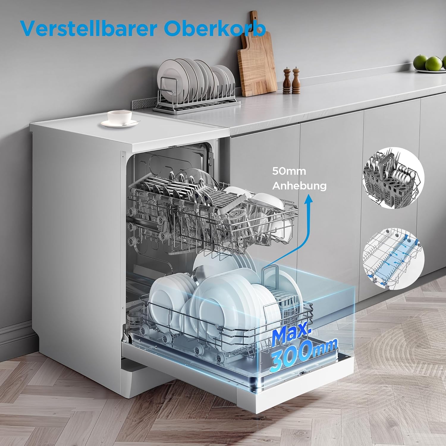 Midea SF 3.45NW PRO Geschirrspüler 45 cm Freistehend und Unterbaufähig, 9 Maßgedecke, Spülmaschine mit WLAN, 5 Programme, Höhenverstellbarer Oberkorb, 47 dB, Weiß