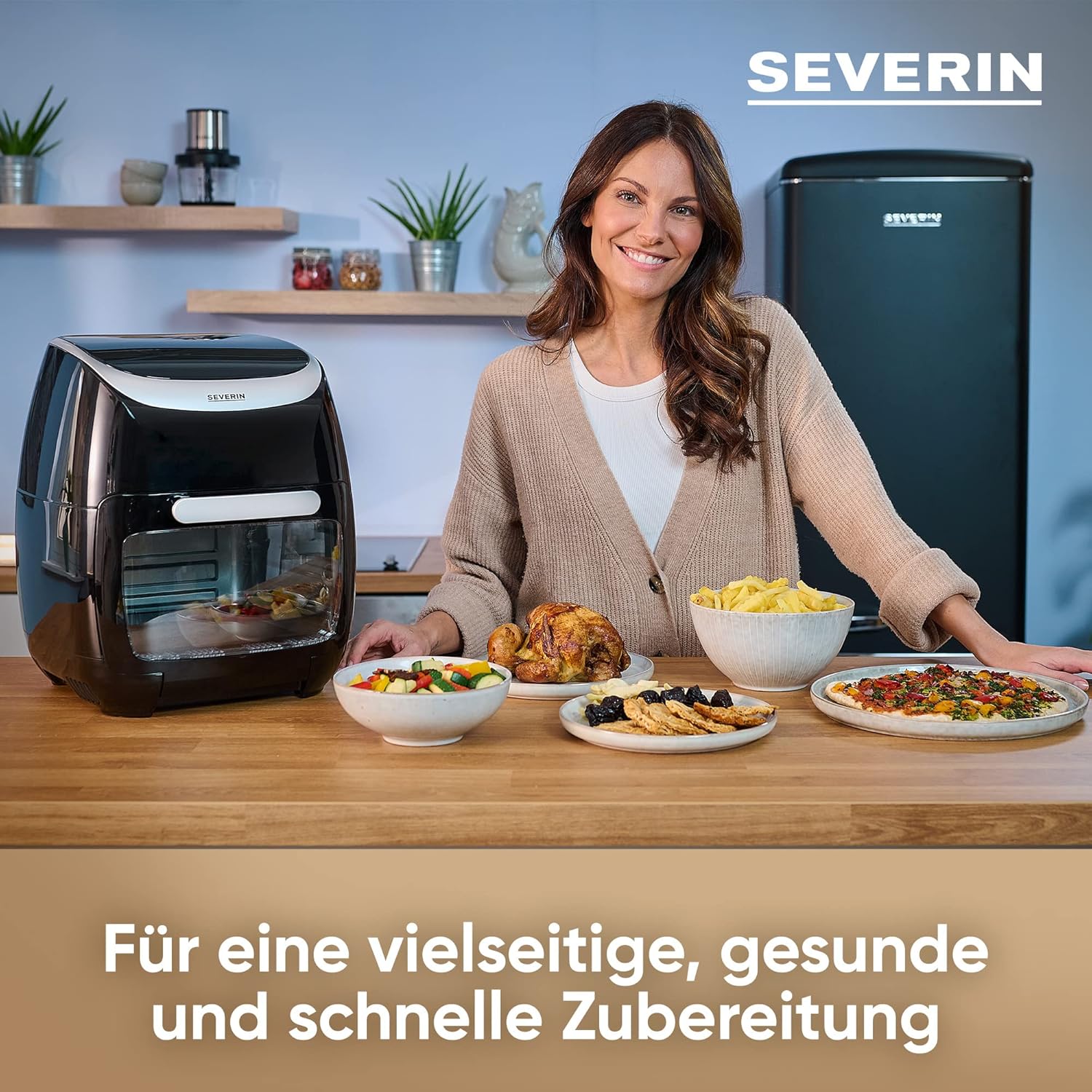 SEVERIN Multi Heißluftfritteuse mit 11 Liter Fassungsvermögen, Heißluft Fryer mit umfangreichem Zubehör, Fritteuse ohne Fett mit 8 Automatikprogrammen, 2000 W, schwarz/silber, FR 2446