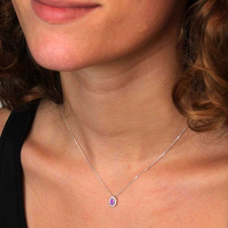 Collier Or Blanc Améthyste en Goutte et Zirconiums - Femme