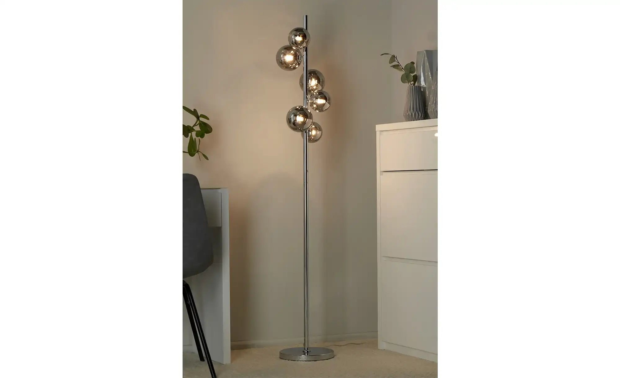 Meisterleuchten Stehleuchte, 6-flammig, chrom, Rauchglas-Kugeln