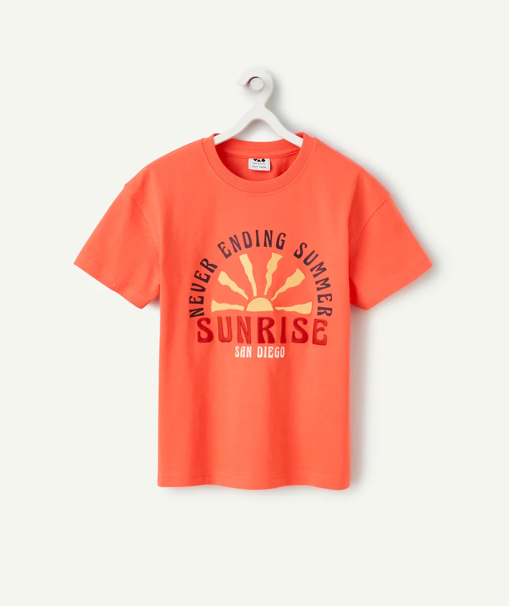 t-shirt garçon en coton bio orange avec coucher de soleil et message brodés