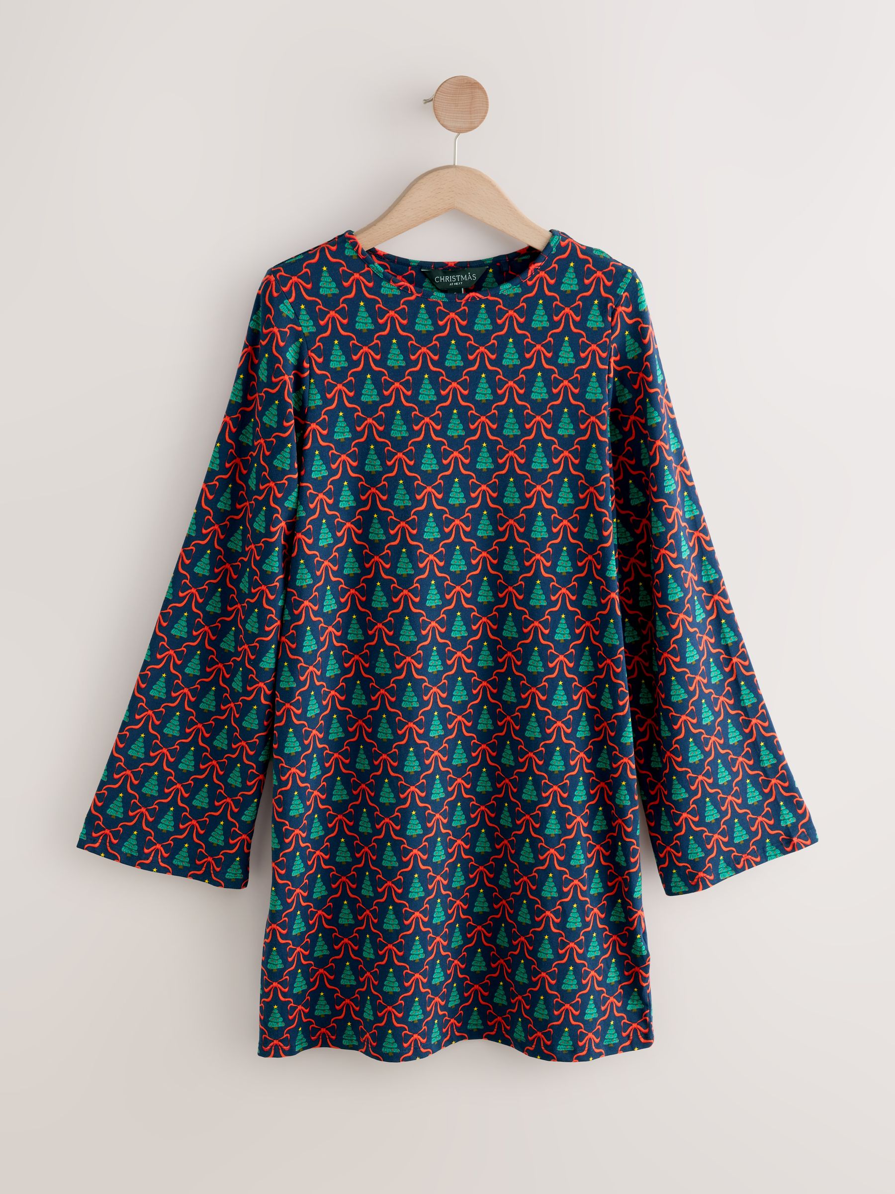 Marineblauw - Kerstmis Strik Print Lange Mouwen Jurk