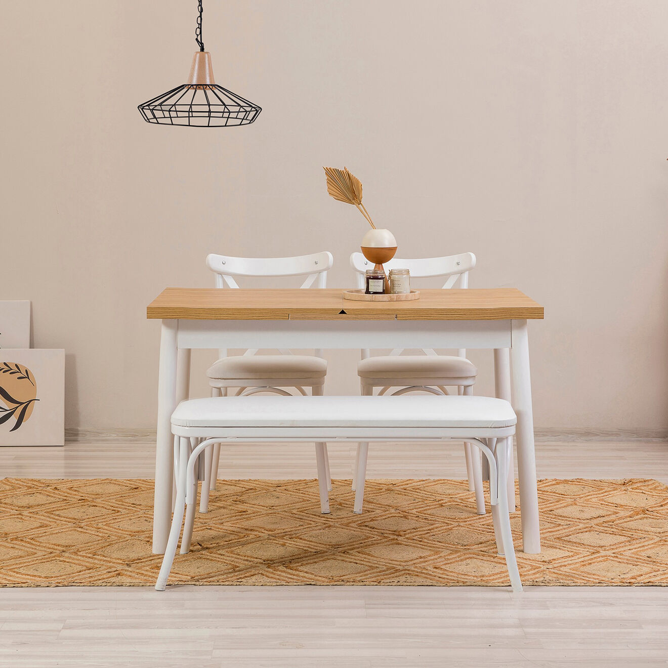 Wooden Art Table + 2 Chaises + Banc Olv blanc