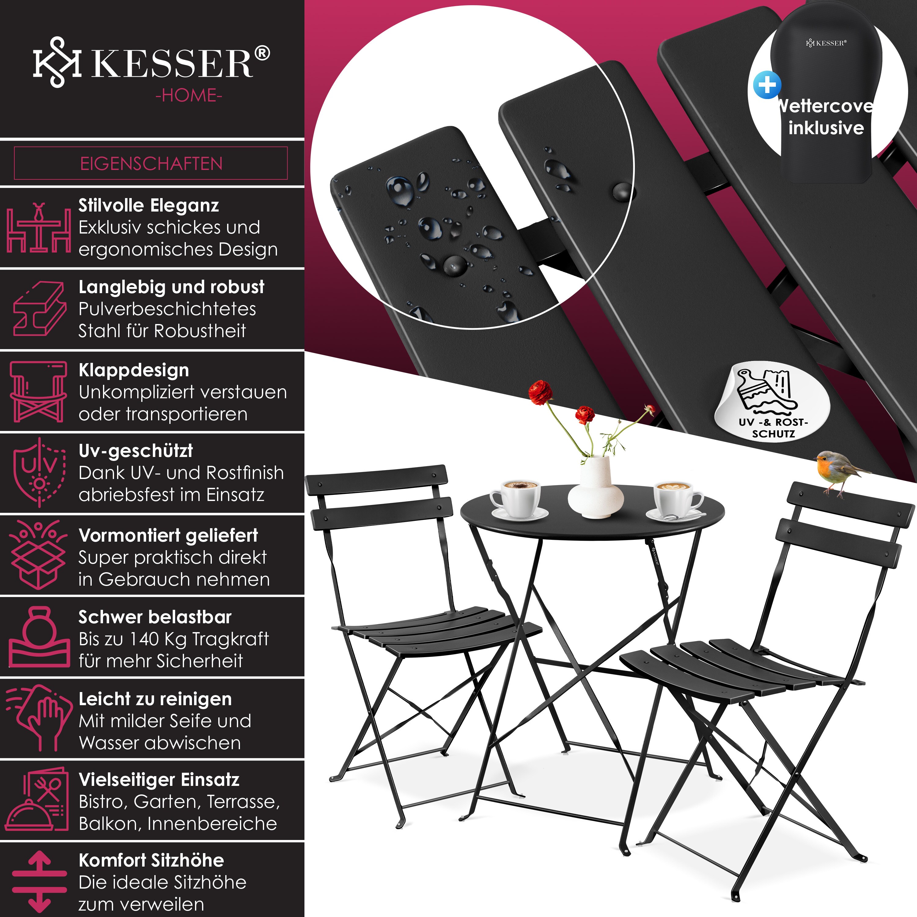 KESSER® Bistroset 3-teilig Bistrotisch mit 2 klappbaren Stühle Set Balkonset Balkonmöbel Klapp-Möbel Gartenset Sitzgarnitur Gartengarnitur Gartenmöbel Sitzgruppe Metall Bistro Gartentisch inkl. Abdeckung