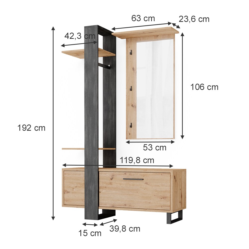 Vicco Flurgarderobe Dielengarderobe Garderobe Porto Schwarz Artisan Mediterran 120x190 cm Schlafzimmer Spiegel Kleiderstange Tür Fach Ablage rollbar
