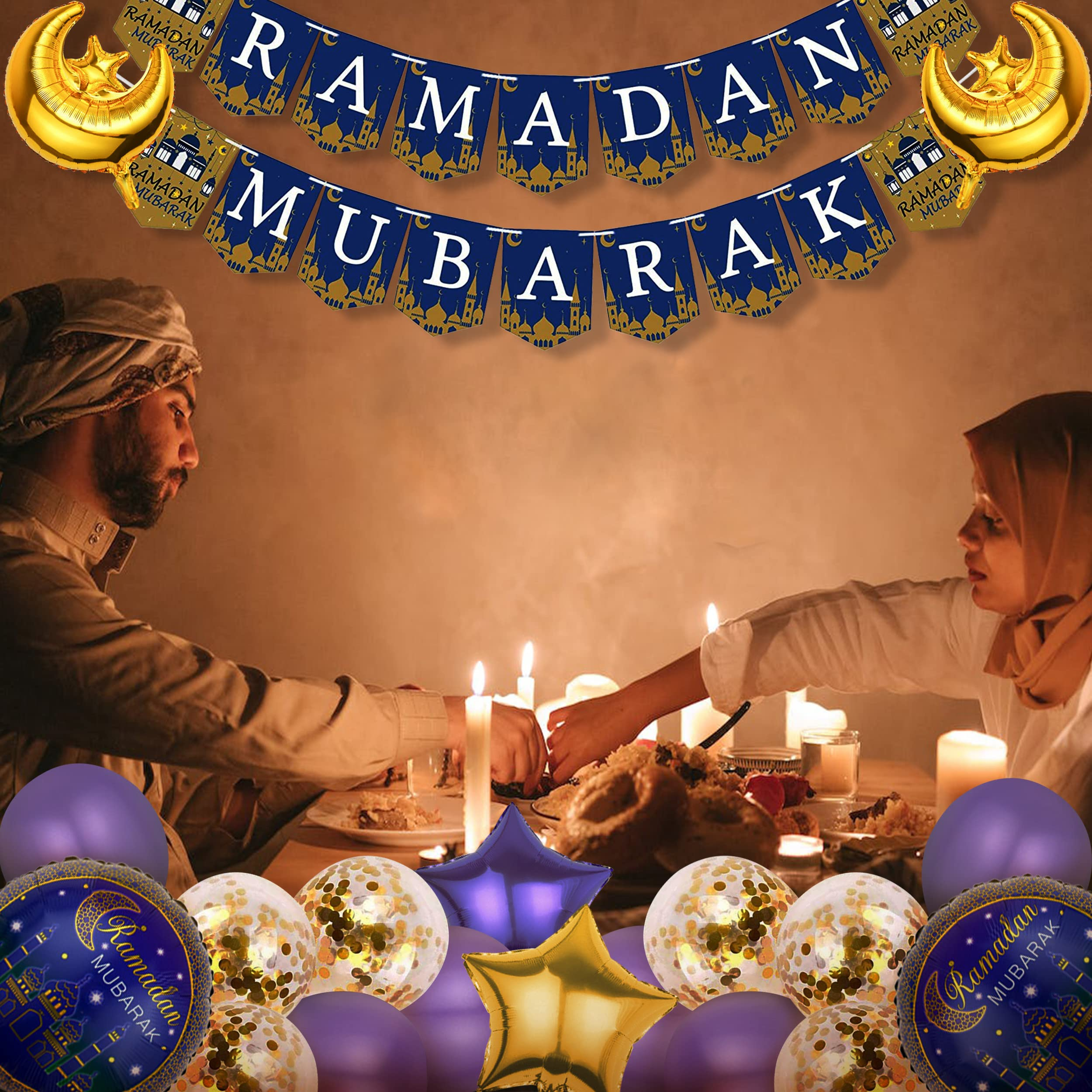 (19-tlg. Set) Ramadan Mubarak Girlande Bajram Party Deko   Latex- & Folien Luftballons - Gold / Lila