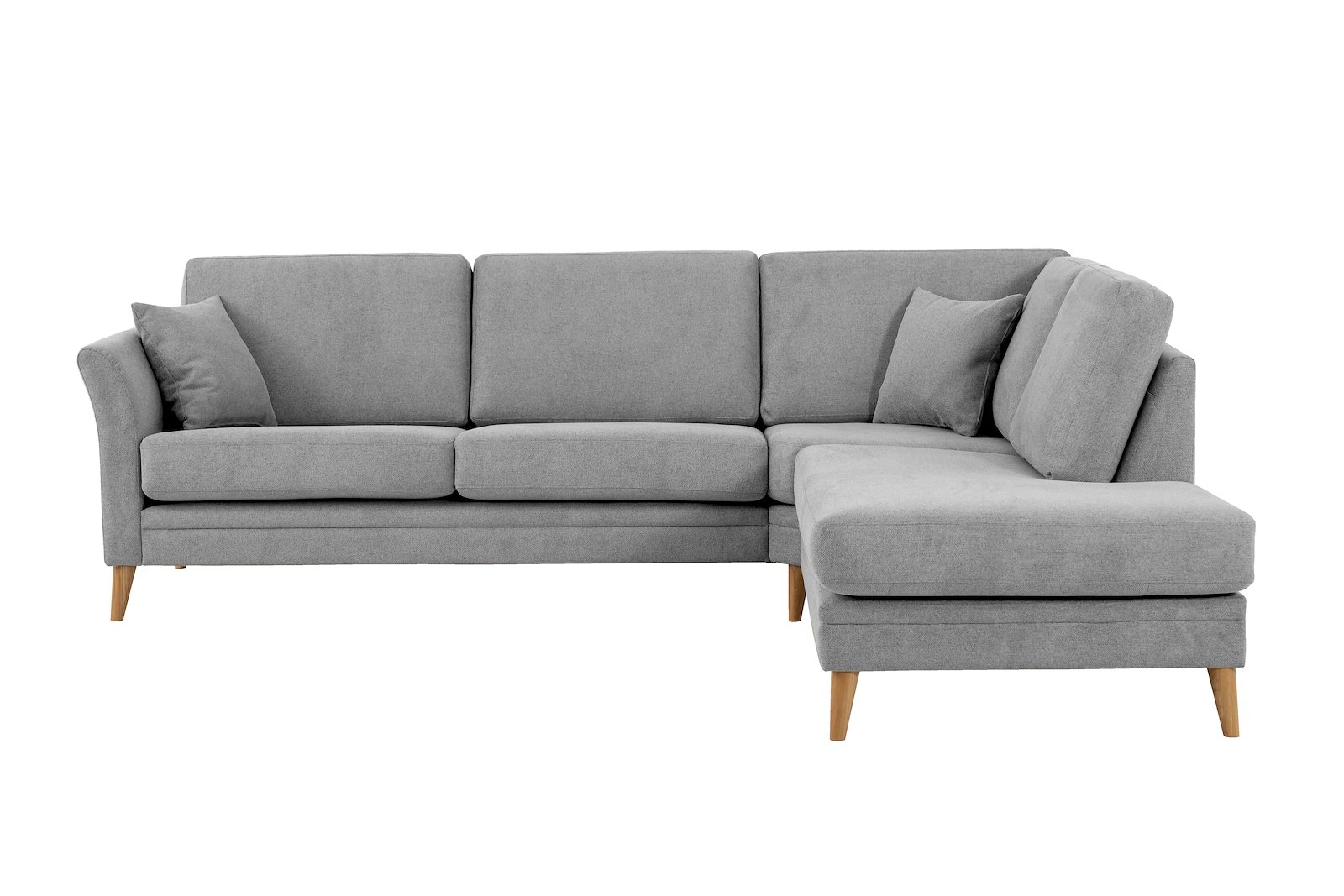 Eden hjørnesofa 2,5-seter med åpen ende høyre. Tekstil Brooklyn 3/1 Light Grey med ben i eik natur (15137).