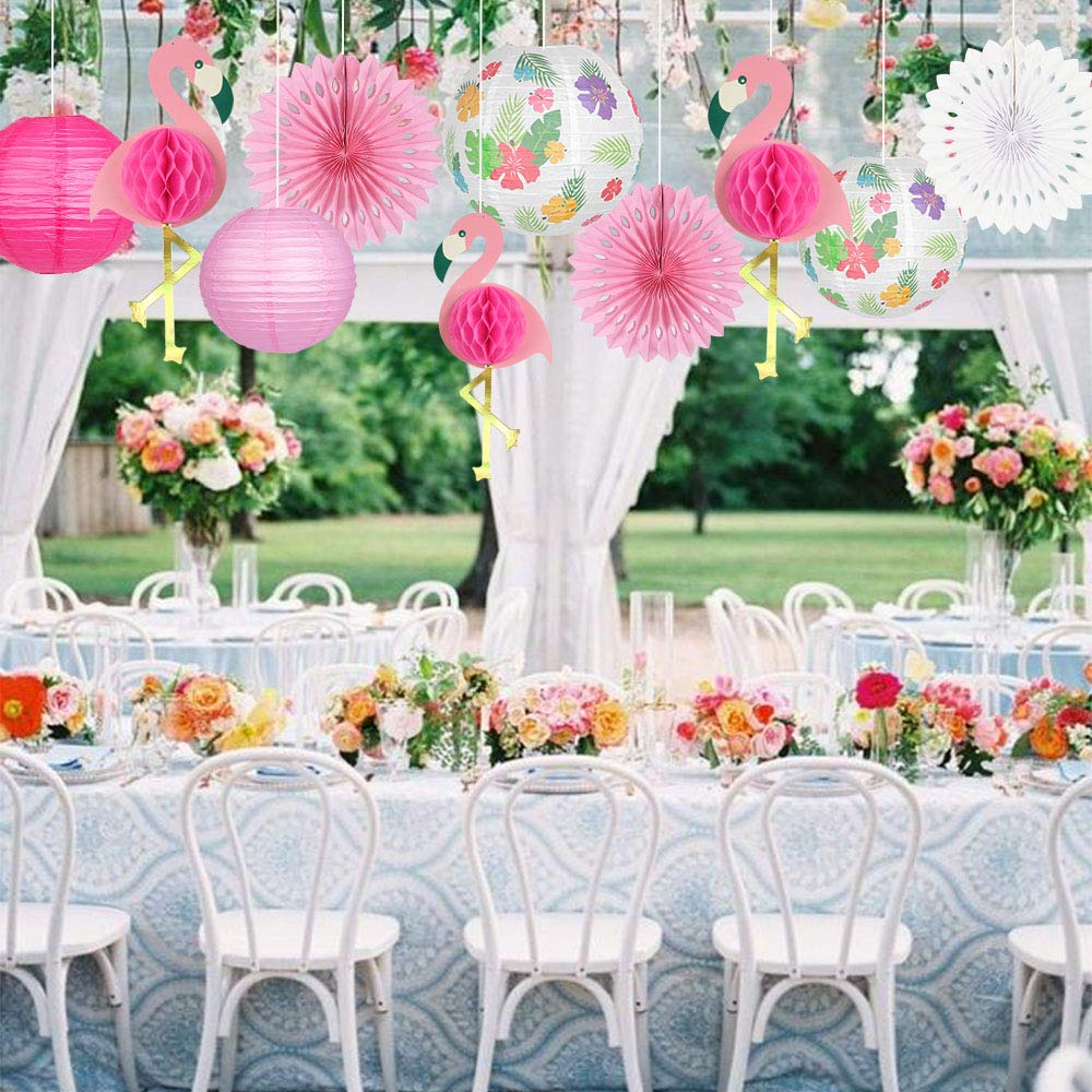 (10-tlg. Set) Flamingo Sommer Party Accessoire Hawaii Lampions Deko Rosetten Pompon's - Rosa / Weiss