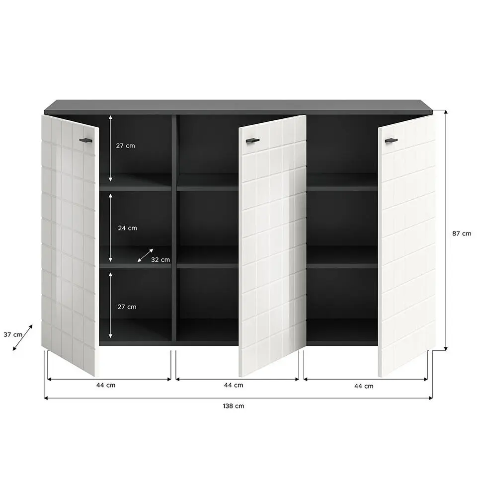Hioshop Monte dressoir 3 deuren wit hoogglans