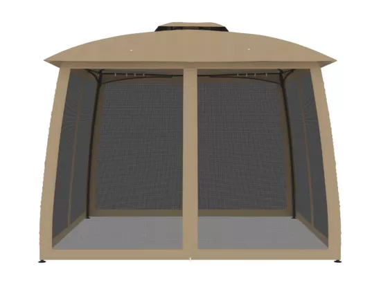 Tonnelle avec double toit et parois en filet taupe acier