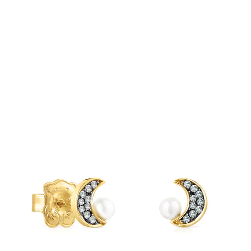 Brincos em formato de lua com banho de ouro 18k sobre prata, diamantes e pérola Nocturne.