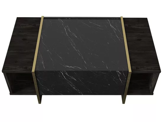 Table basse avec 1 porte et 2 niches - Effet marbre noir, naturel foncé et doré - CADEBA II