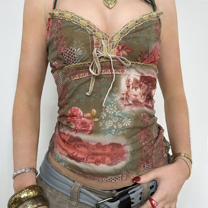 Honet - V-hals strik accent bloemenprint slim-fit crop top