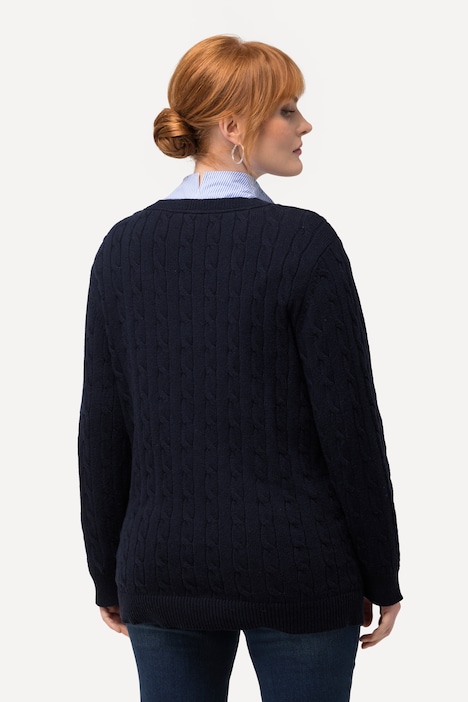 Pullover, Zopfmuster, V-Ausschnitt, Langarm