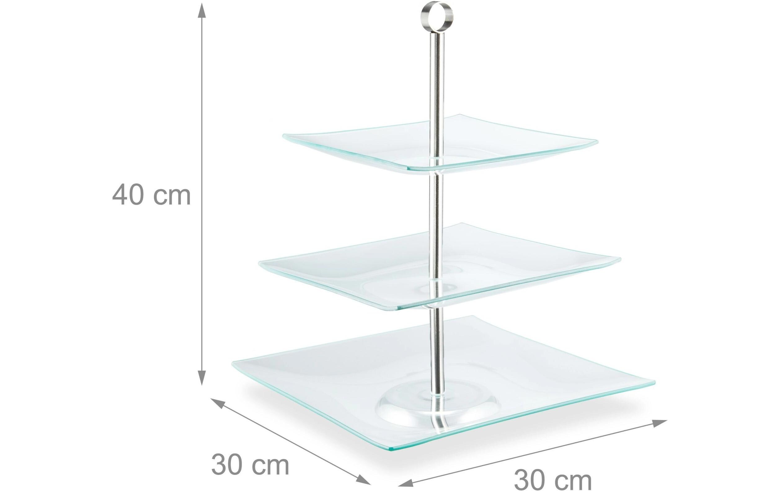 Etagere eckig, 3-stufig, Silber/TransparentServierständer aus Glas und Edelstahl