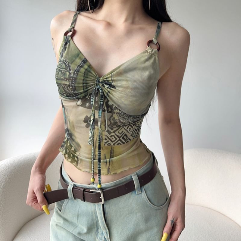 PolkaBella - V-hals camisole top met trekkoord en patroon