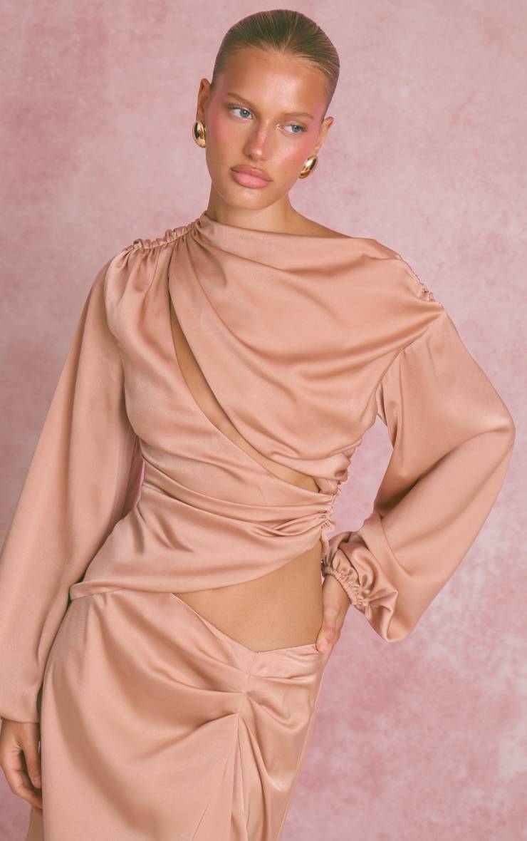 Pêche Ensemble Coordonné Blouse Satinée À Manches Longues Et Découpes