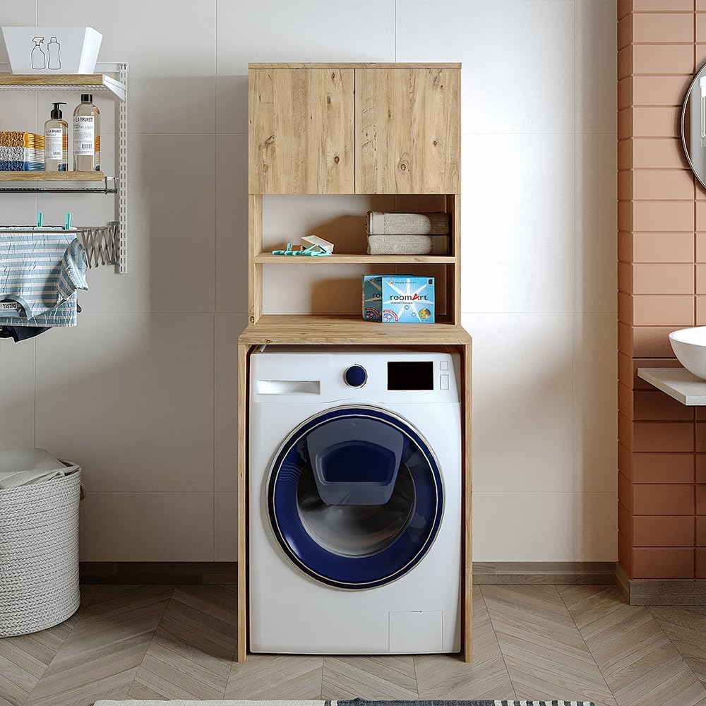 Badezimmer, Waschmaschinenüberbau, Waschturm, Waschmachinenregal, BHT: 65 x 181 x 60 cm (Eiche)
