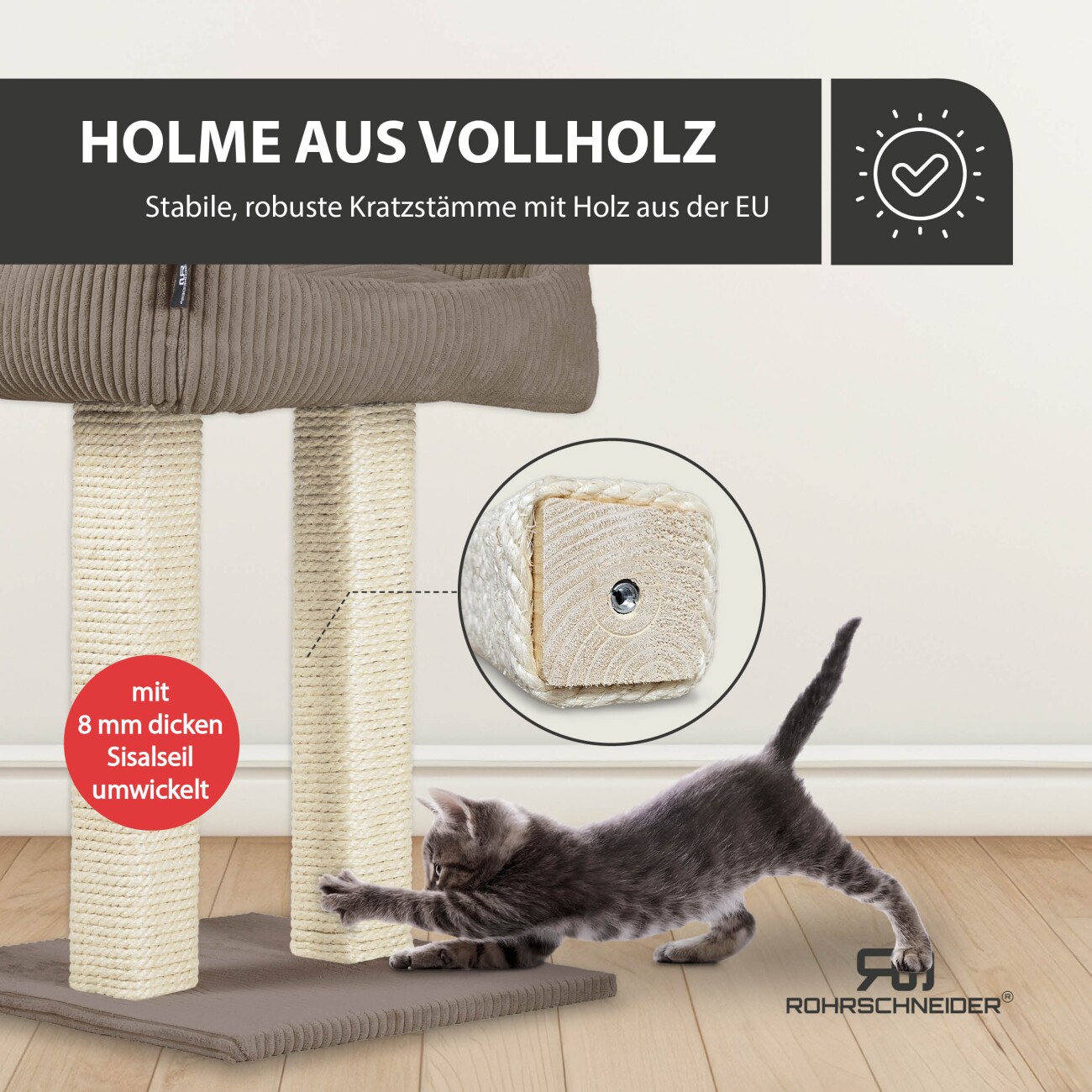 Rohrschneider ® moderner Kratzbaum, Kratzsäulen aus Vollholz, Katzenbett mit Wendekissen