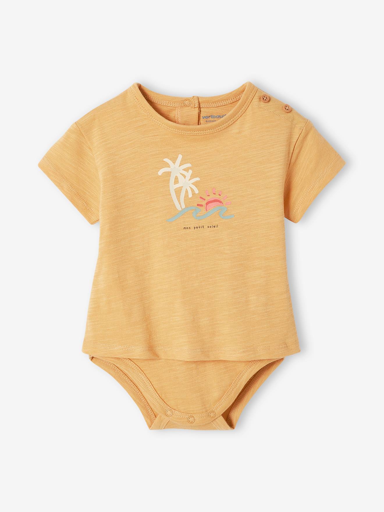 Camiseta/body infantil de manga curta amarelo claro com estampa de palmeiras