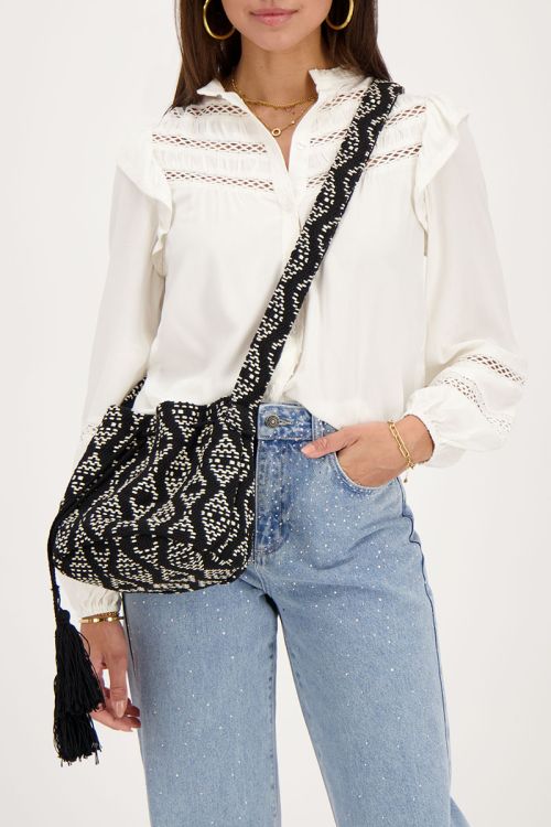 Zwart-witte ronde schoudertas met geweven Aztec print