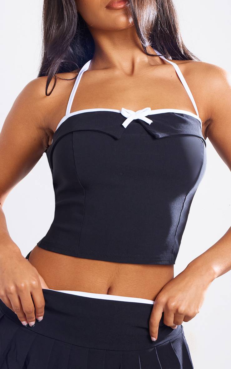 Noir Jupe Micro Mini Plissée Taille Mi-haute En Tissu Tissé Extensible Ensemble Coordonné