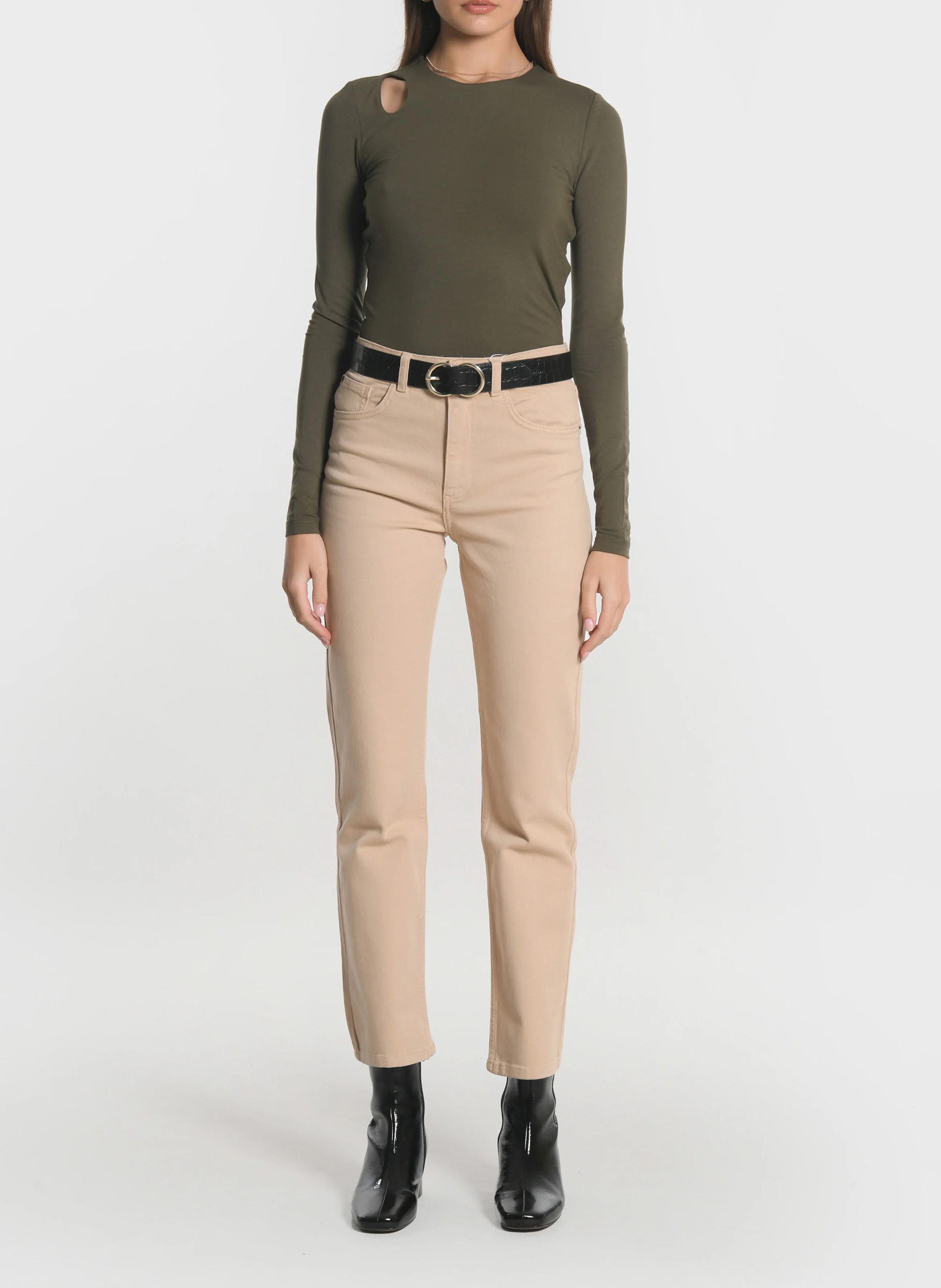 CATHY - Tee-shirt moulant col rond| Kaki