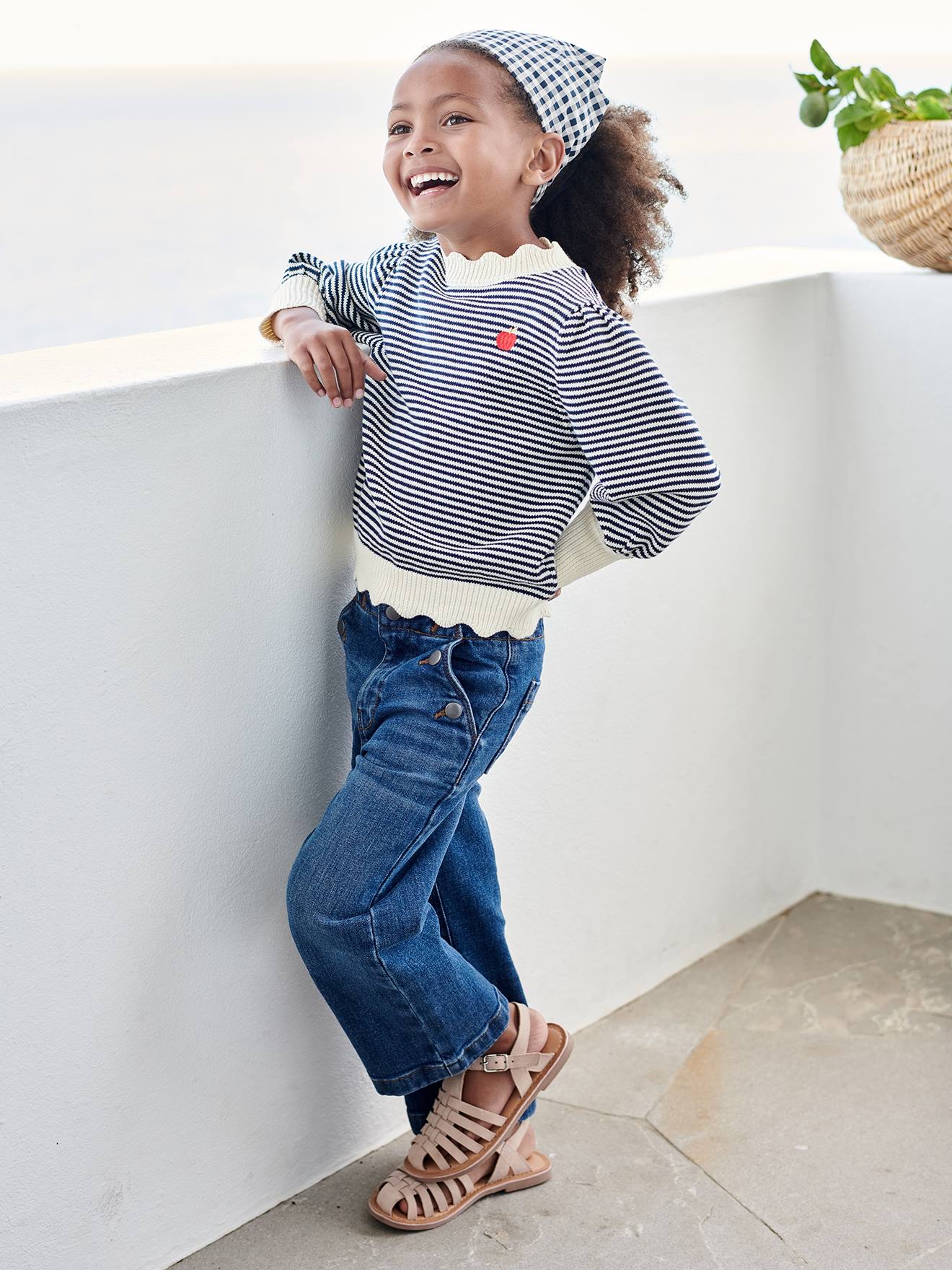 Calça jeans flare com efeito de ponte fantasia para meninas, cor pedra