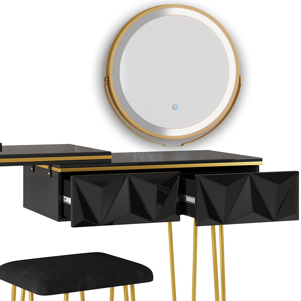 Vicco Schminktisch Bella 120x37cm, Schwarz, Frisiertisch mit LED-Spiegel & Hocker