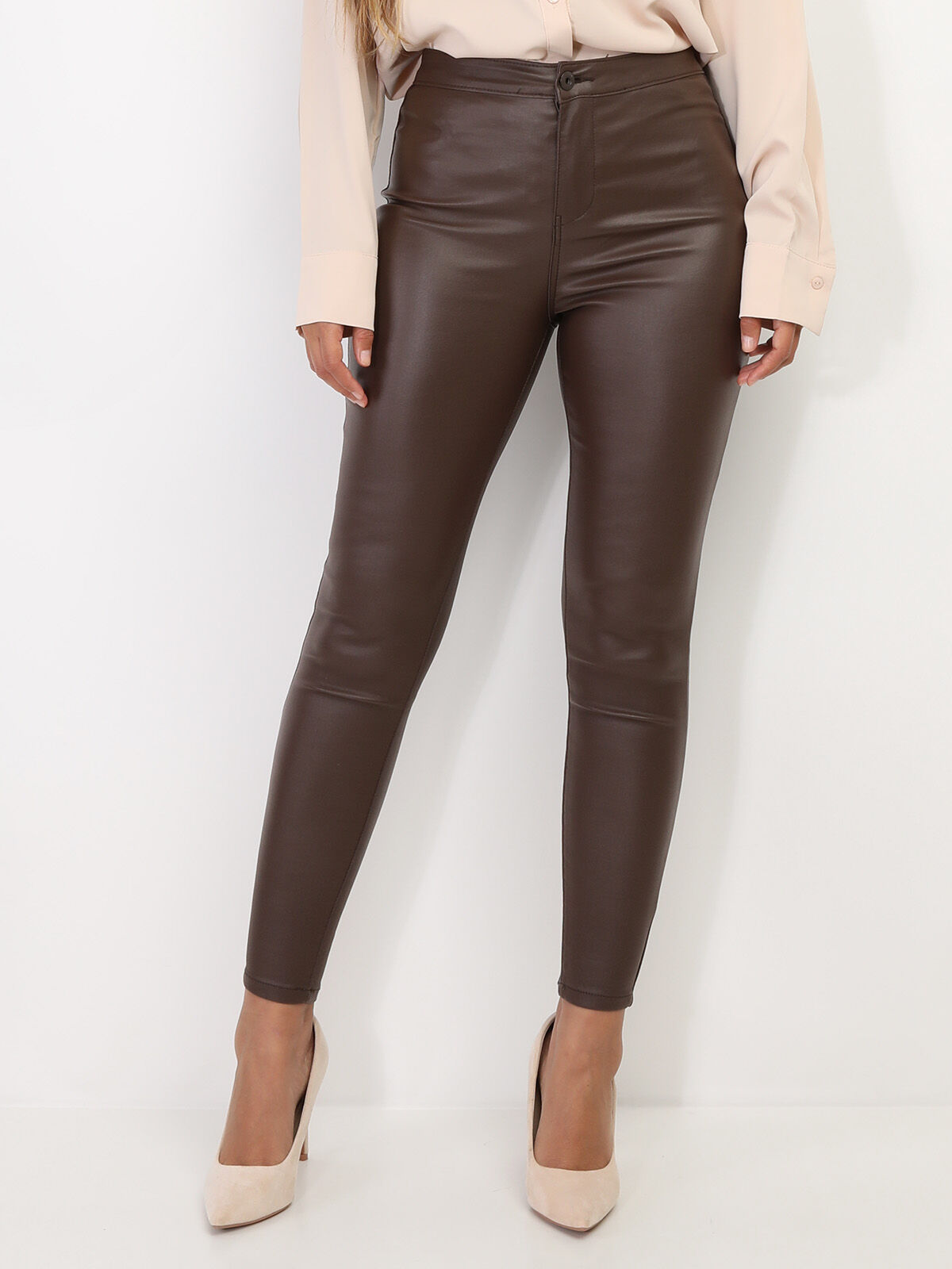 Pantalon skinny taille haute enduit- Marron
