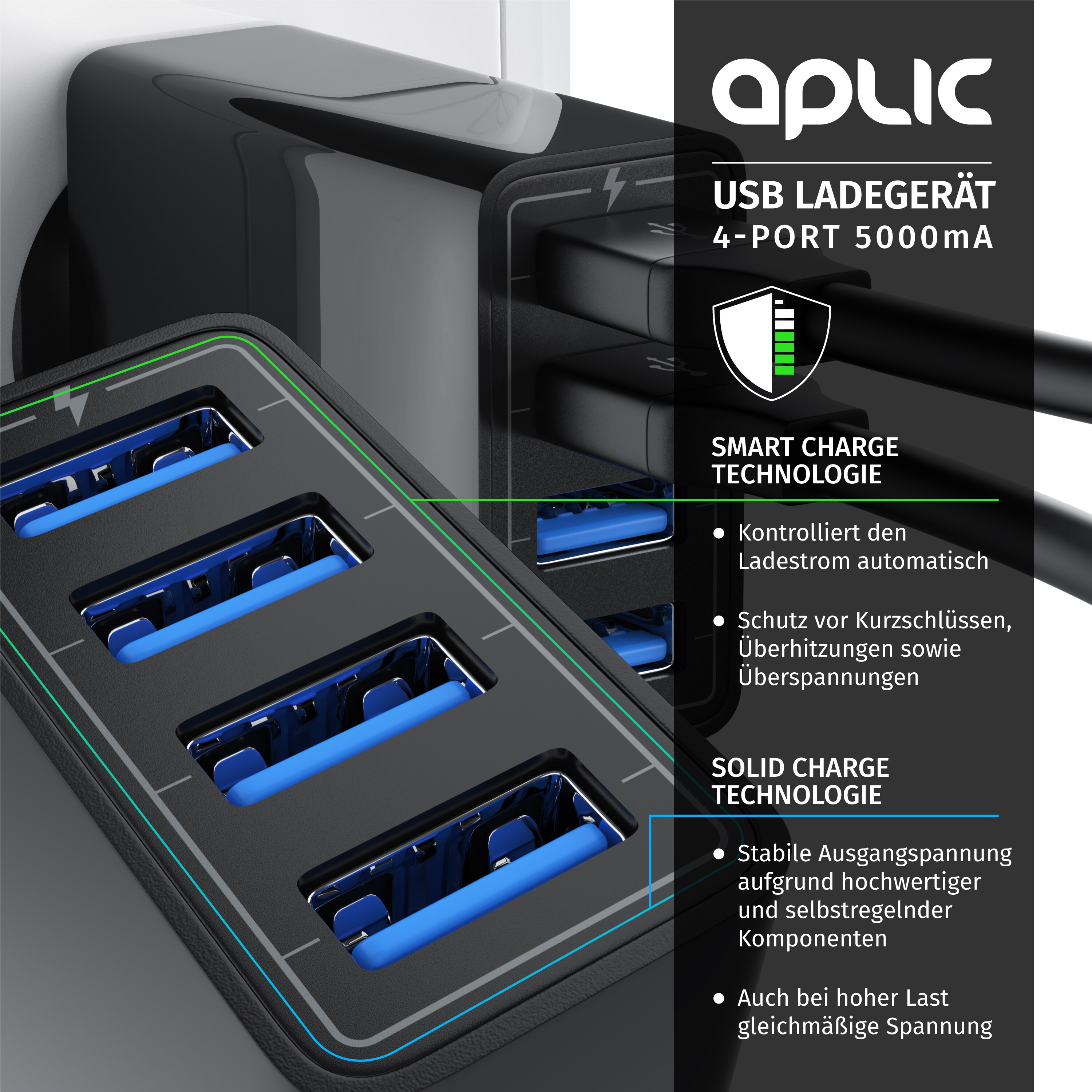 Aplic USB-Ladegerät 5000 mA, 4-Port Netzteil für Handy, Tablet uvm. 5000mA, 2,4A Max. je Port, 25W