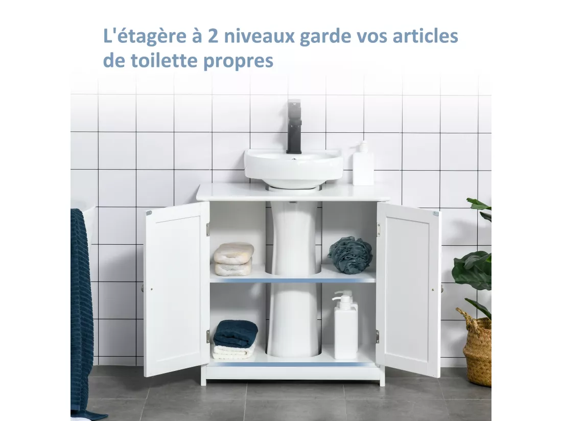 Meuble vasque - meuble sous-vasque - 2 portes rainurées avec étagère réglable - poignées métal chromé - dim. 60L x 30l x 60H cm - MDF blanc