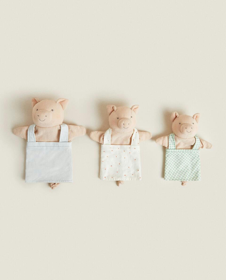 Conjunto infantil de três fantoches de porquinhos