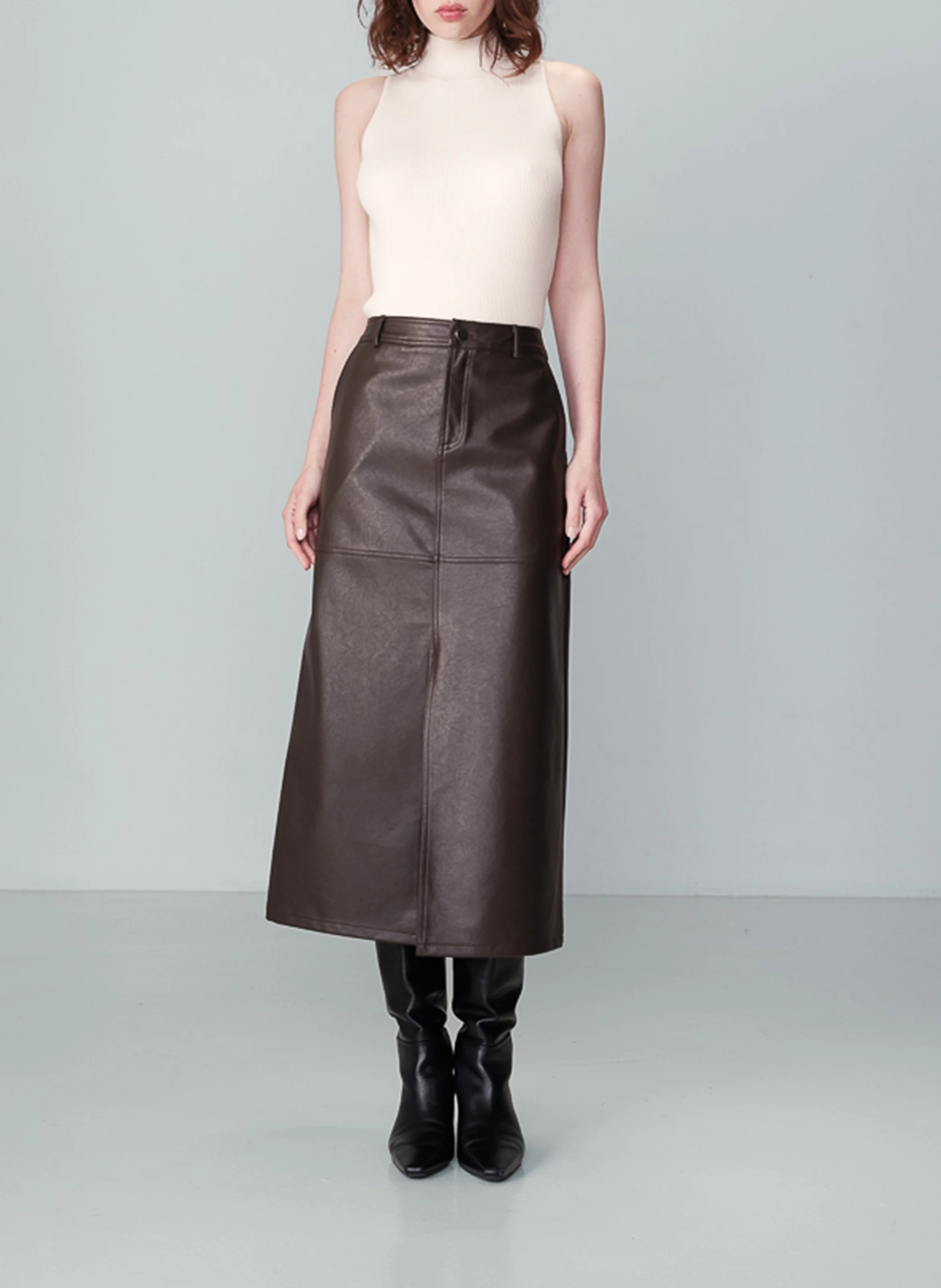 NORY - Jupe midi droite effet cuir | Marron