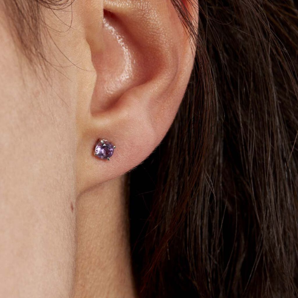 Boucles D'oreilles Puces Elea Serti Griffes 3 Or Blanc Amethyste